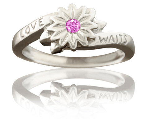 Girl's Purity Ring - Love Waits Flower with Pink Sapphire in Silver - PurityRings.com