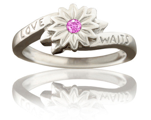 Girl's Purity Ring - Love Waits Flower with Pink Sapphire in Silver - PurityRings.com

